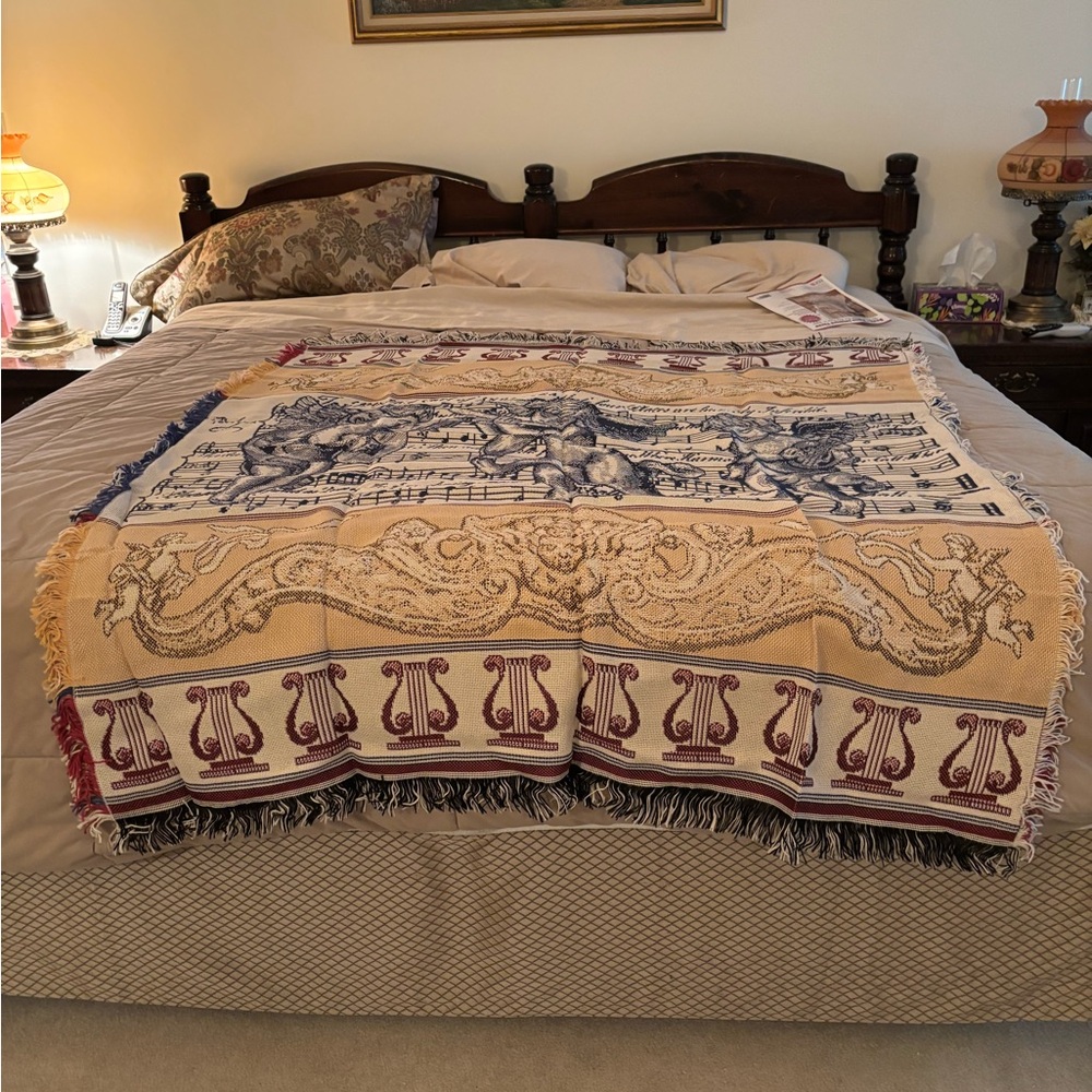 Ornate Woven Throw Blanket in Cream, Blue and Burgundy